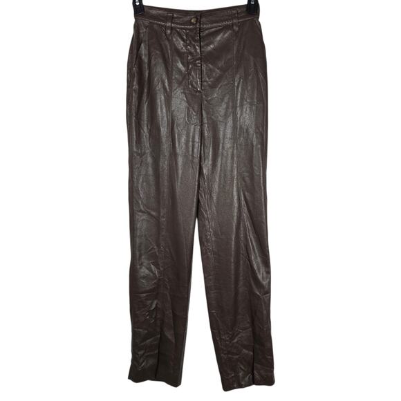 Nanushka Basha Pants Women Small Brown High Rise Vegan Leather Straight Slit Hem